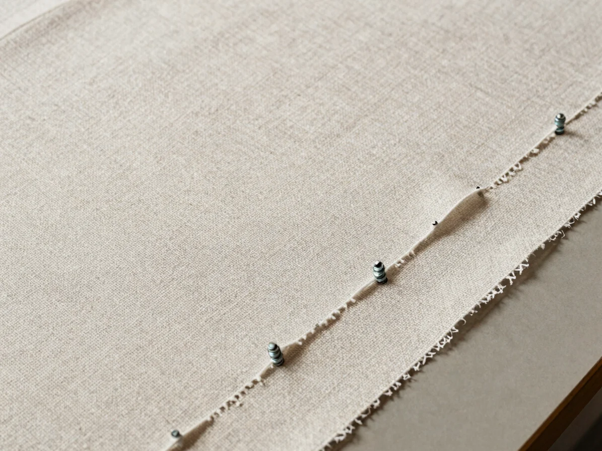 Edge-to-edge overhead view of inspected fabric bolts resting on a neutral cutting table, soft natural daylight, accurate