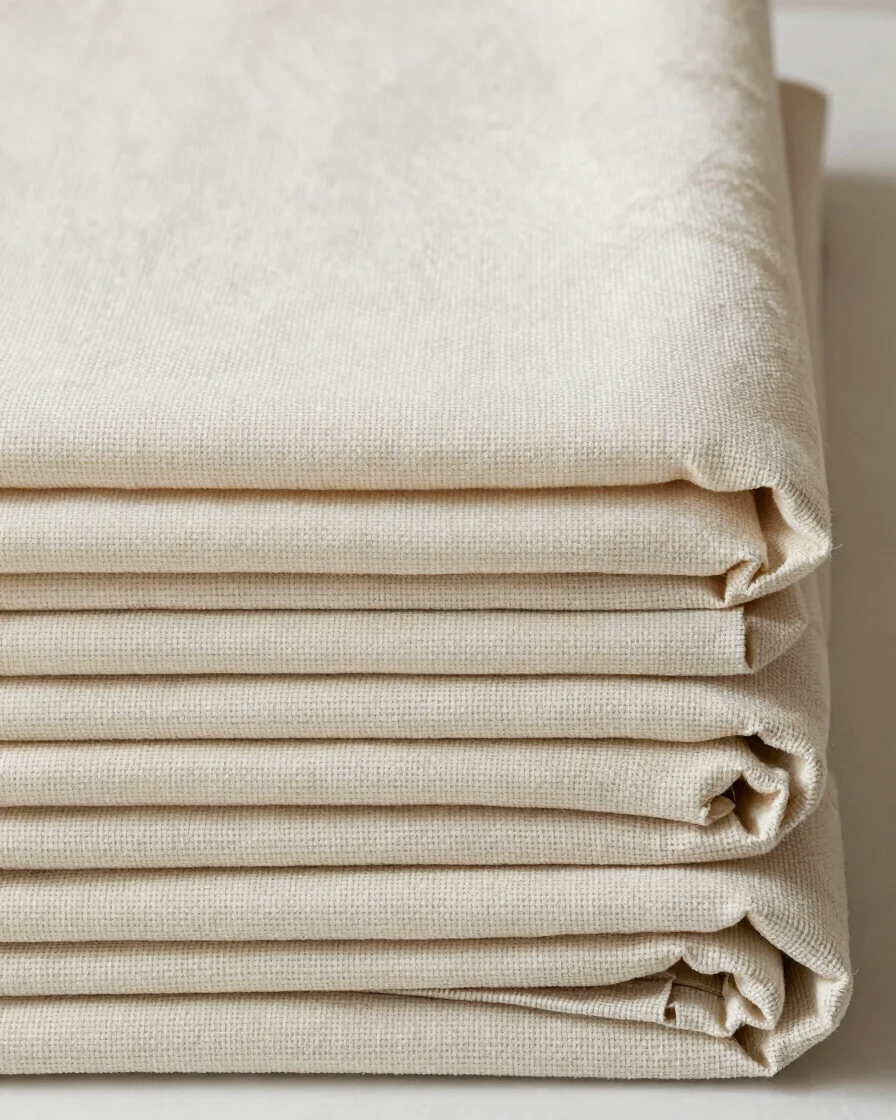 Folded and rolled textile lengths on a neutral warm-white backgro